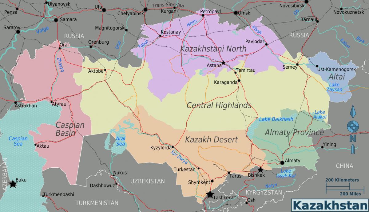 mapa Kazachstánu regionů